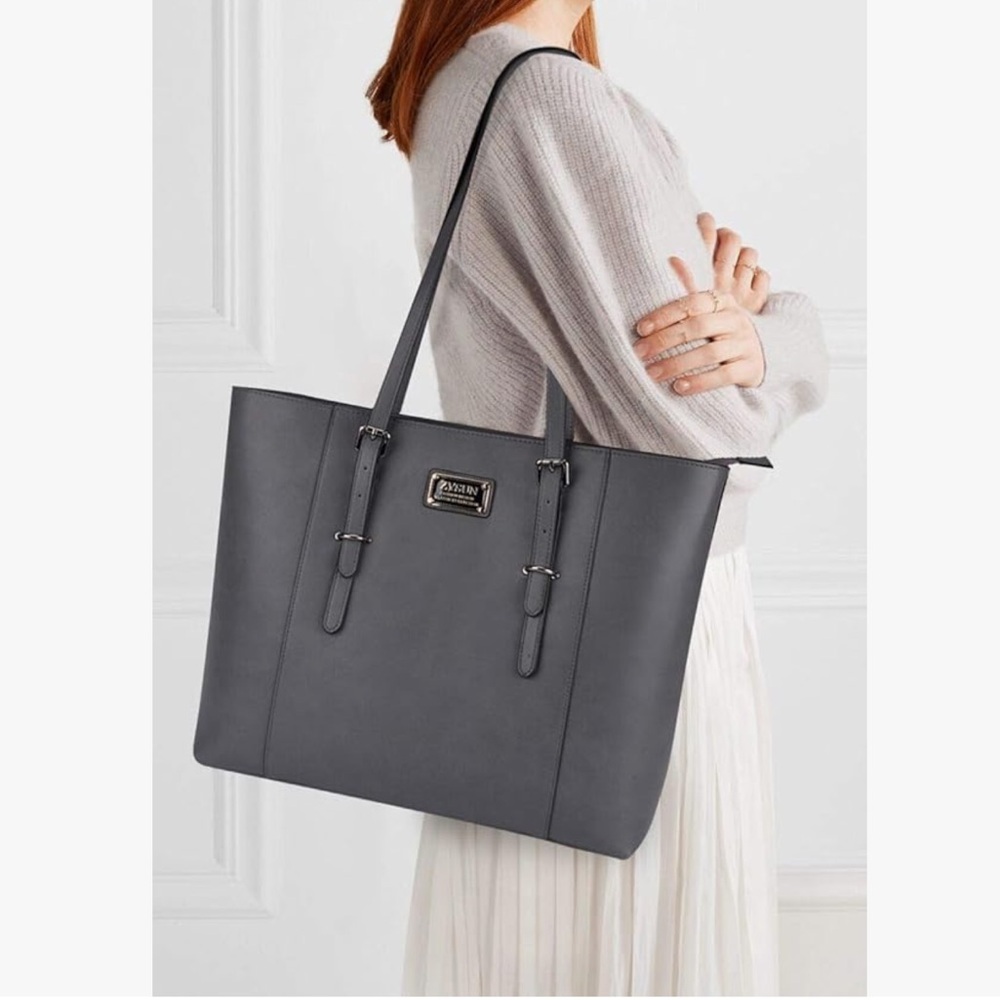 Laptop Bag for Women - Fabric & Leather, Fits 15.6" Laptop, Multi-Pocket Design